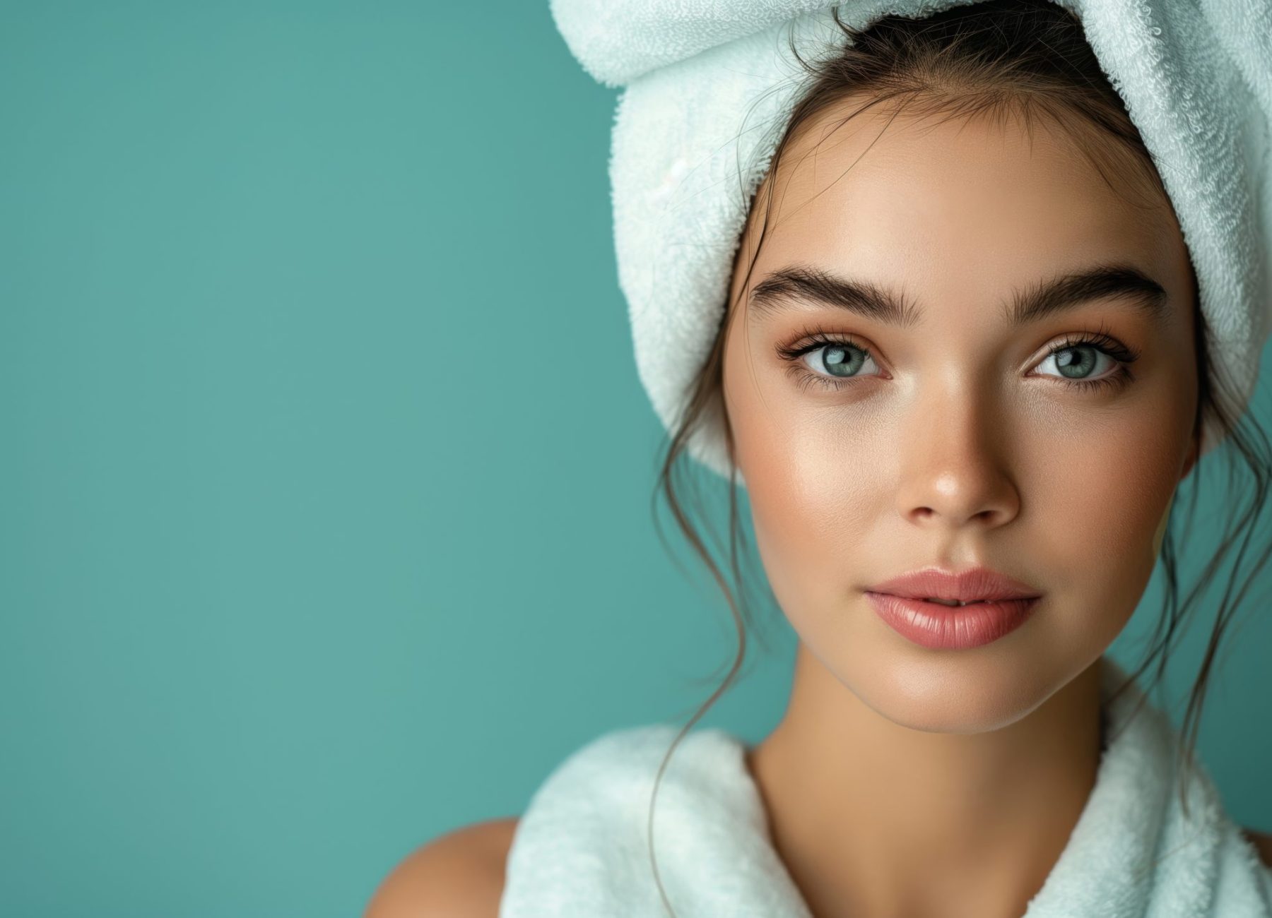 Woman with freshly washed hair, towel, portrait